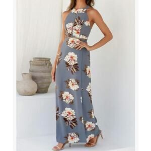 Zesica Maxi Dress Sz M Halter Neck Floral Backless Split Beach Party Grey Boho